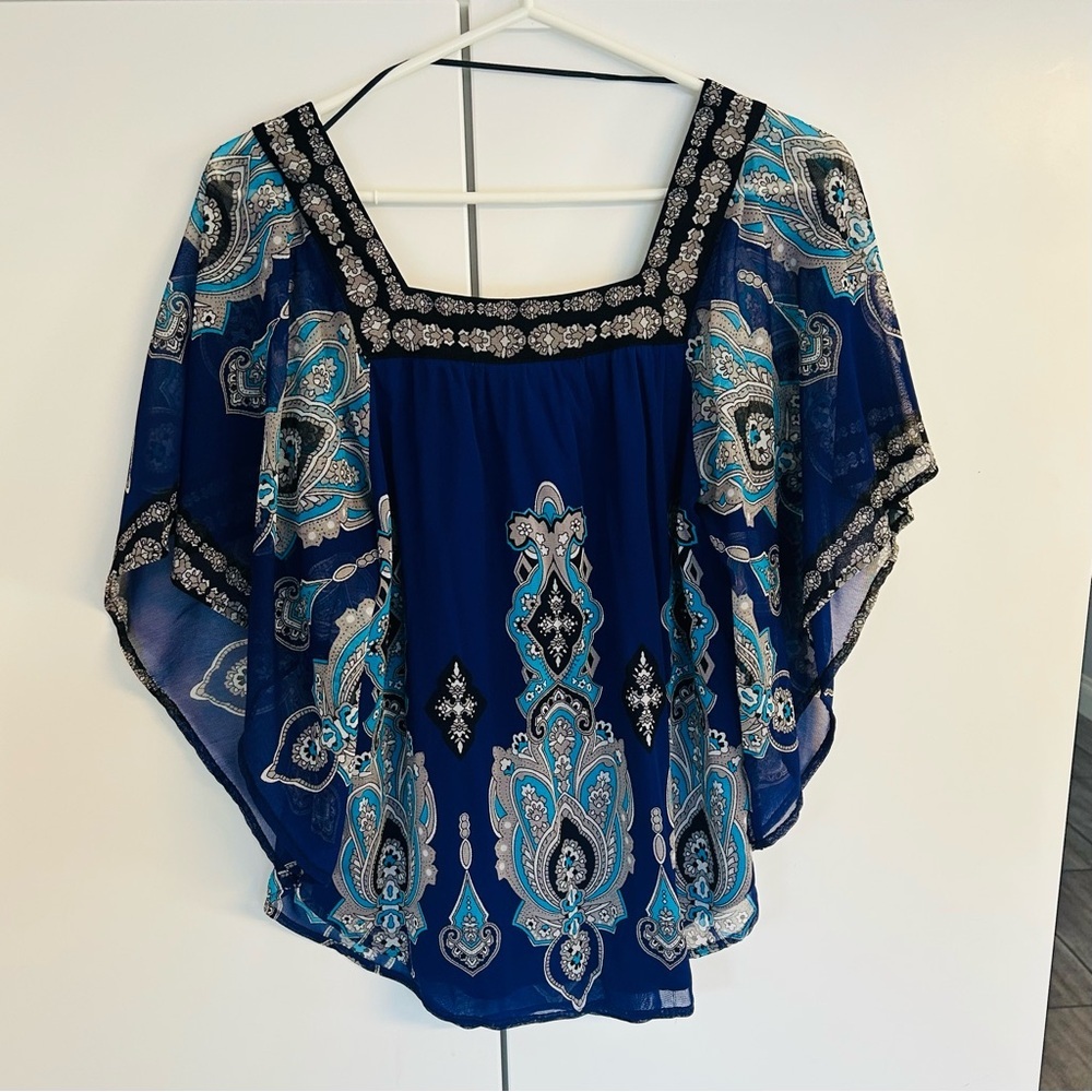 INC International Concepts Blue and Black Flowy Sheer Paisley Blouse Size M